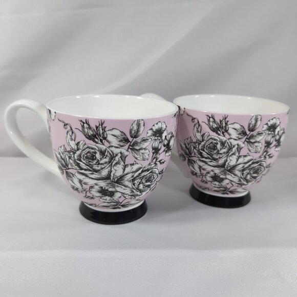 Portobello by Inspire Floral Mug Rose Pink Border Butterfly Black 2 Set Pedestal - Picture 1 of 13